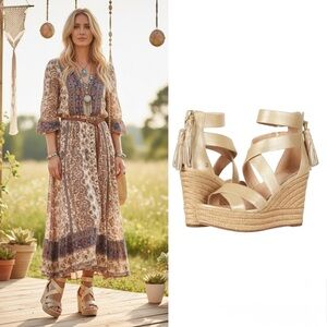 UGG Women’s Raquel Metallic Platform Wedge Sandals In Soft Gold Size 9.5